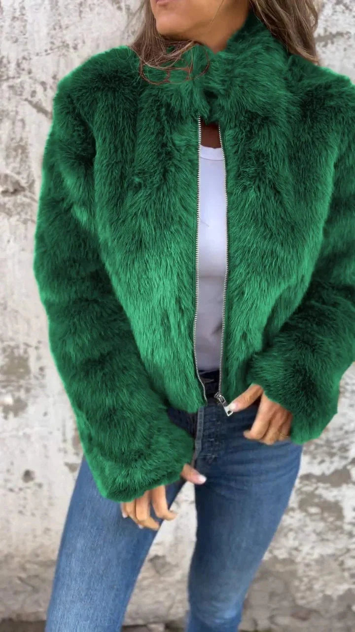 Women's winter stand collar zipper fleece jacket in faux fur, available in multiple colours