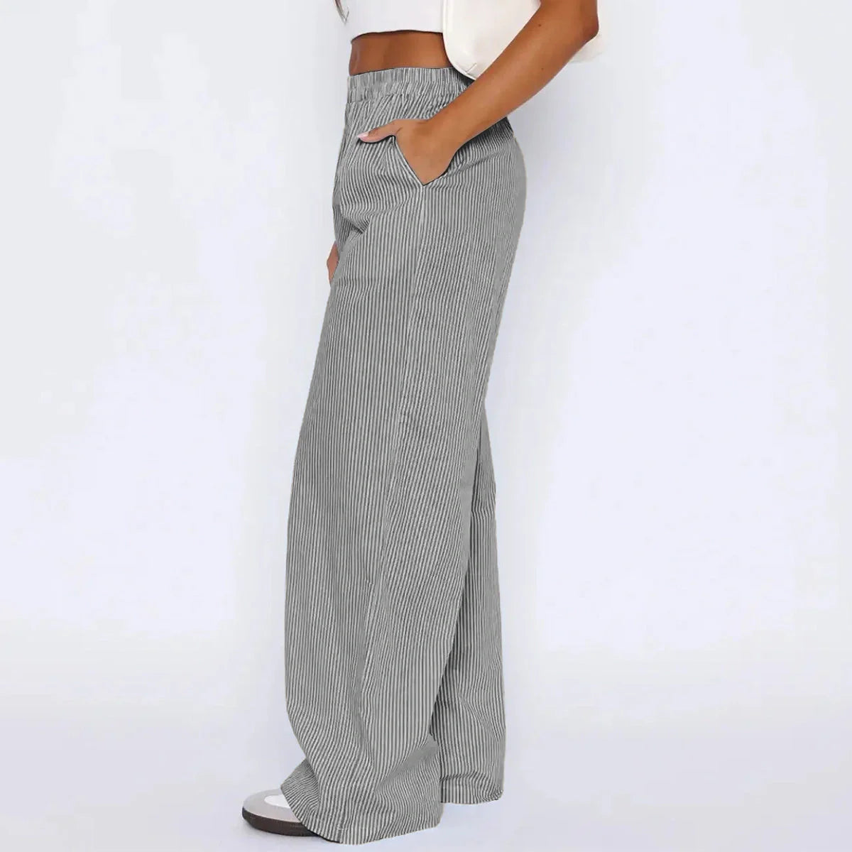 Women's wide-leg striped trousers with pockets in multiple colours
