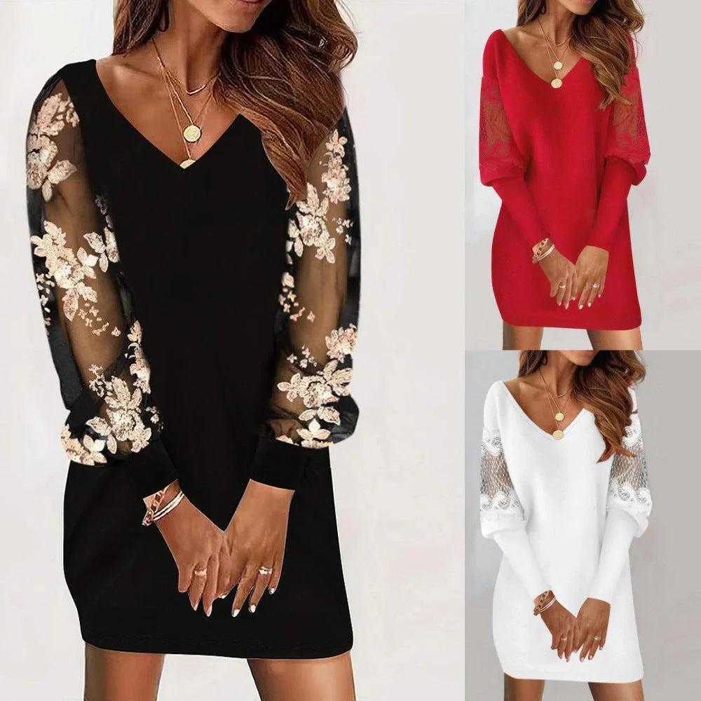 Long-sleeved V-neck dress with lace splicing detail in various colours