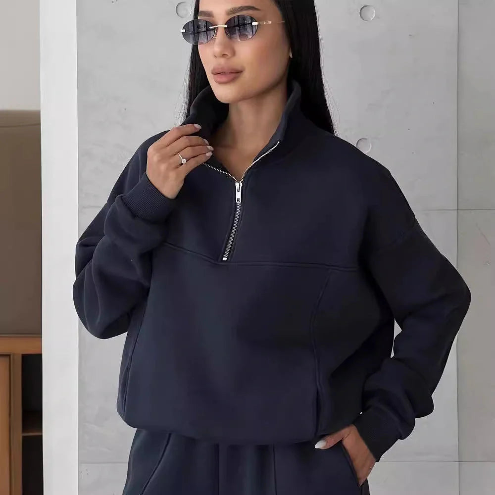 Stylish Y2K Women's Winter Jogging Two-Piece Set in apricot and navy blue