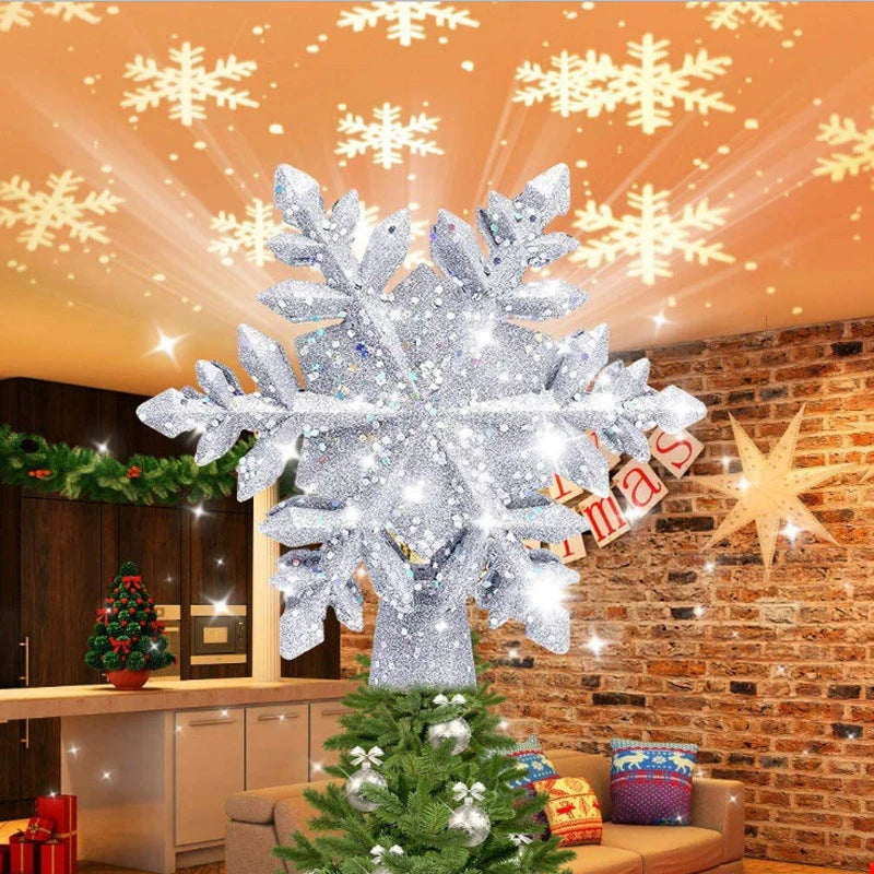 LED Projection Christmas Tree Topper with snowflake and star designs for festive decoration