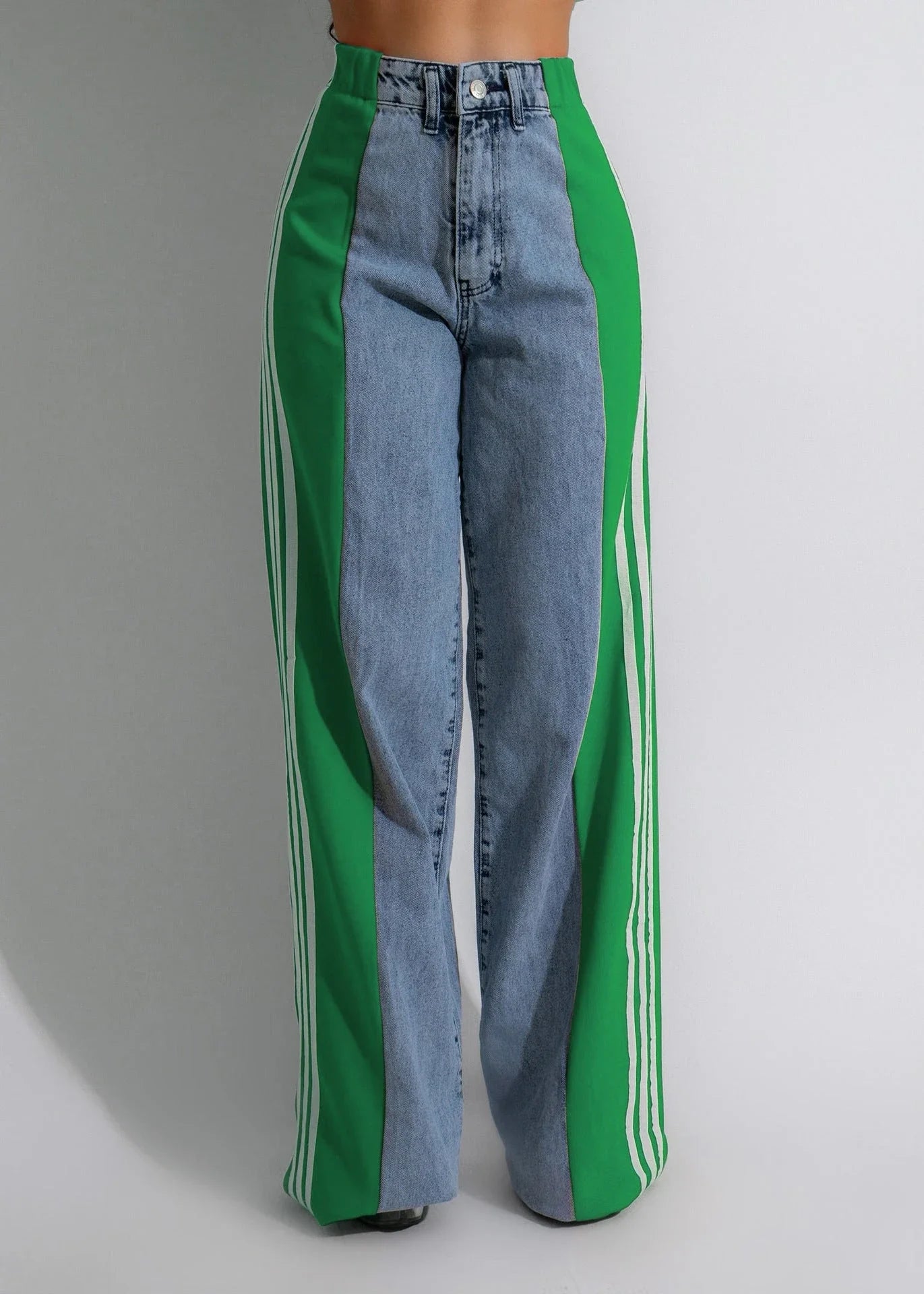 Stylish high-waist denim pants with patchwork details, available in a range of trendy color combinations