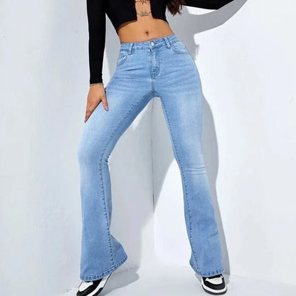 Women's high waist flared jeans in stretch cotton, available in navy and light blue