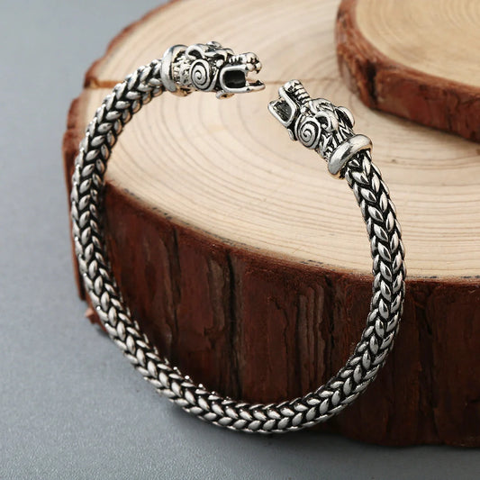 Asgard Crafted Small Handcrafted Stainless Steel Grey Wolf Head Torc Bracelet in silver and gold