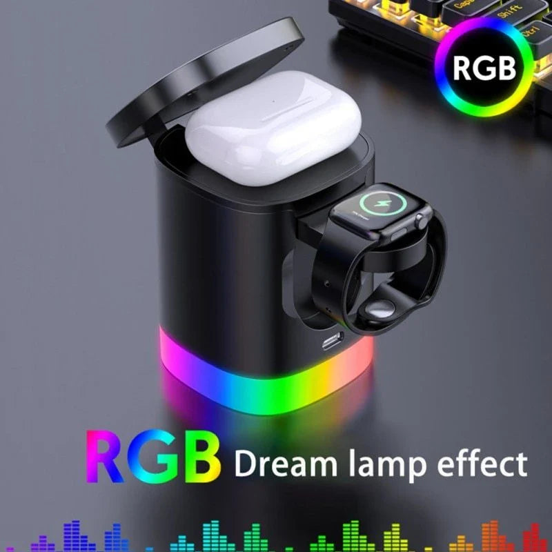 3-in-1 wireless charging station with RGB ambient lighting for smartphones, smartwatches, and wireless earbuds