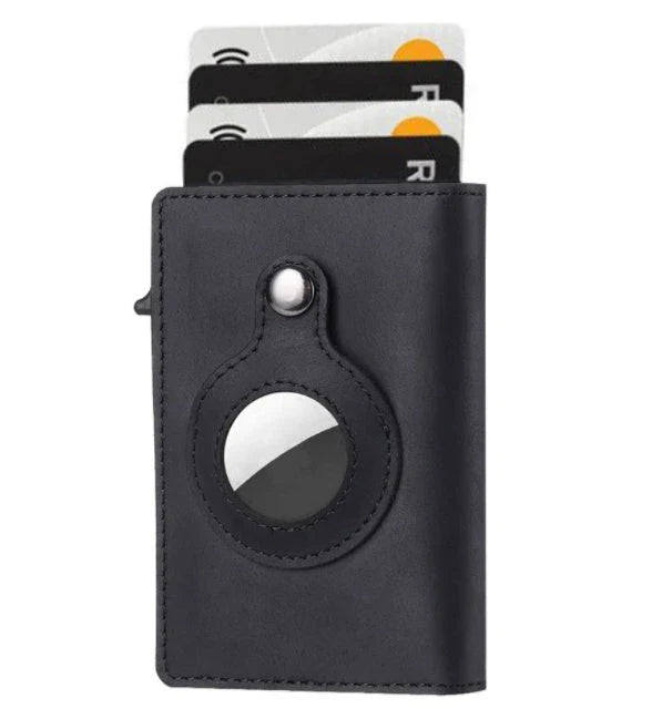 Premium leather wallet with built-in AirTag holder for secure everyday carry and item tracking