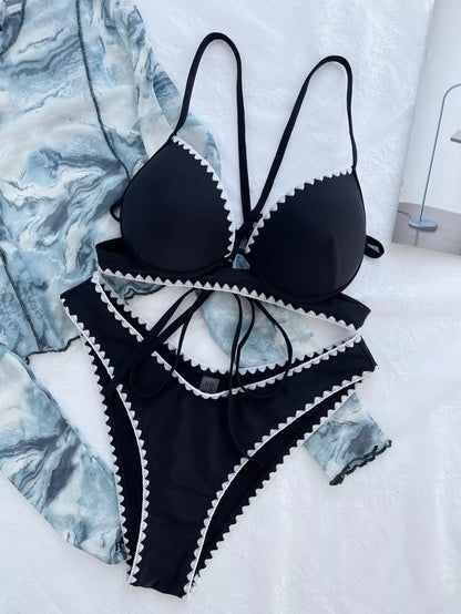 Women's black nylon split bikini swimsuit, sizes S, M, L, quick-drying fabric