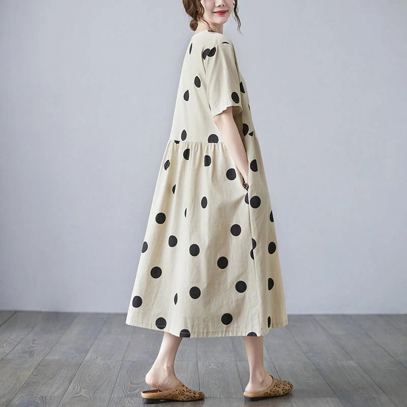 Breathable linen V-neck short-sleeved dress in apricot, perfect for summer