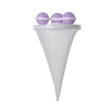 Gyroscopic Washing Machine Filter Pouch in purple, blue, and pink for lint and hair removal