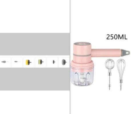 Rechargeable cordless electric hand mixer with 3-speed motor, whisk and egg beater attachments, and ergonomic design for easy baking and mixing
