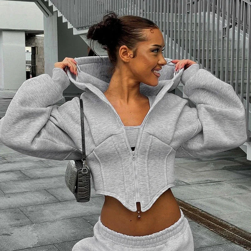 Slim-fit zipper hoodie cardigan for women in grey and white