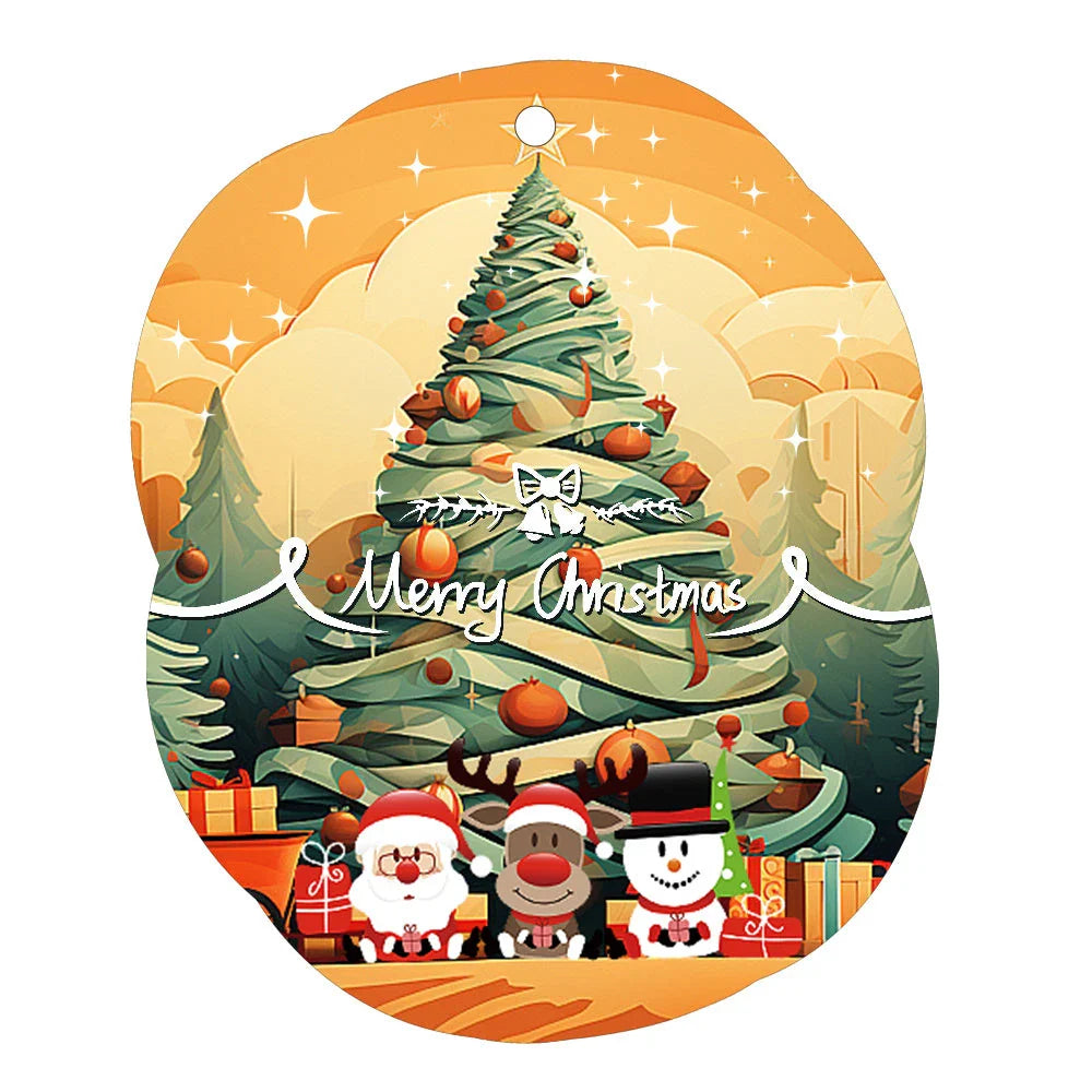 Festive car ornament hanging from rearview mirror with Christmas designs