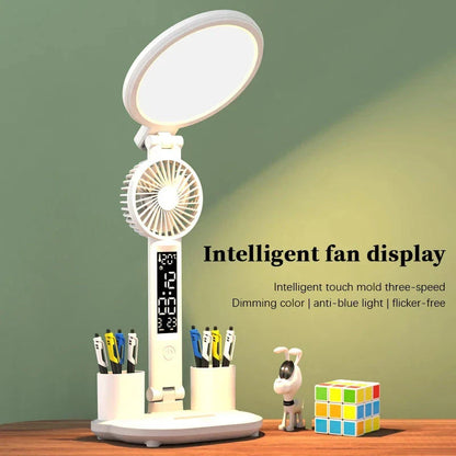 Versatile USB charging table lamp with LED clock, dimmable lighting, and detachable fan for workspace convenience and comfort