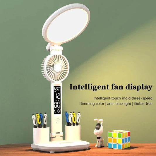 Versatile USB charging table lamp with LED clock, dimmable lighting, and detachable fan for workspace convenience and comfort