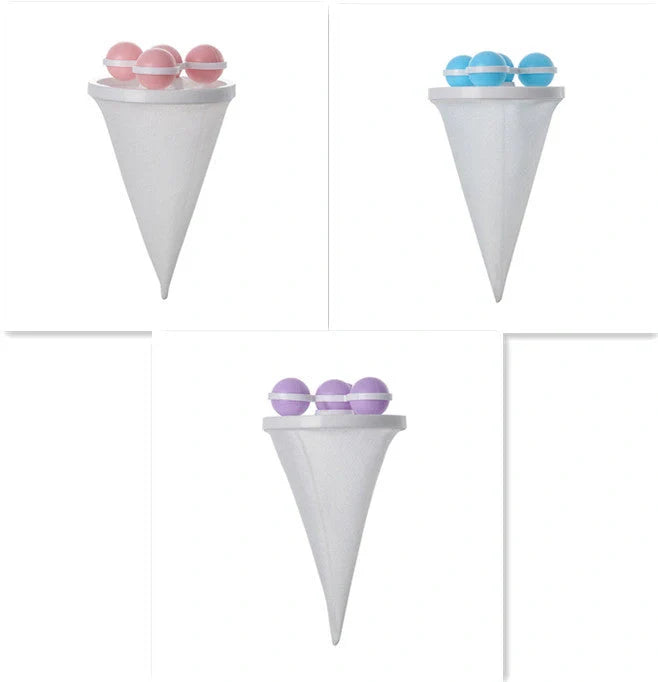 Gyroscopic Washing Machine Filter Pouch in purple, blue, and pink for lint and hair removal