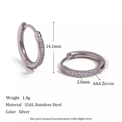 Women's titanium steel rounded edge zircon earrings in gold and steel finishes