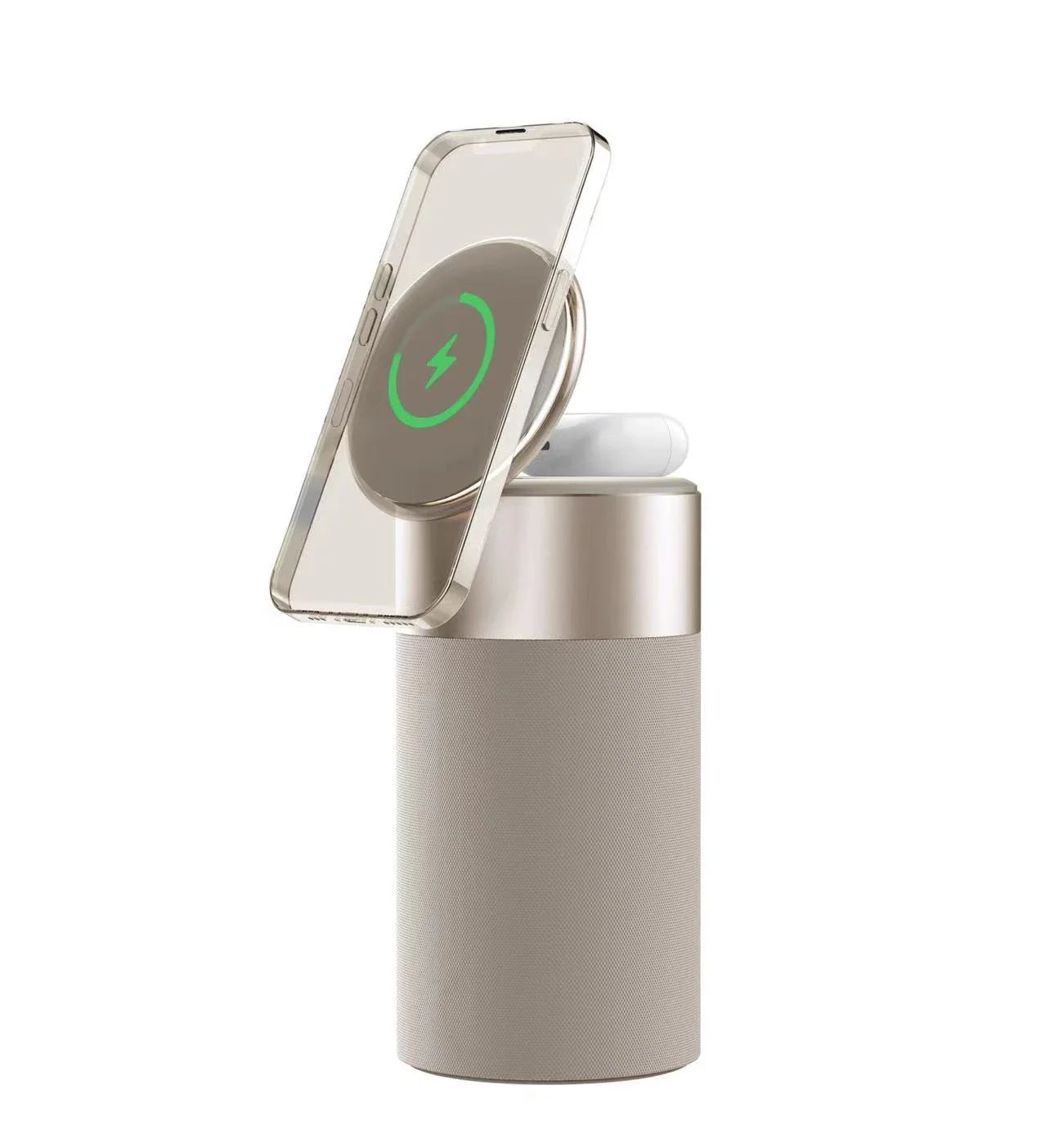 A 3-in-1 device that combines a wireless charger, Bluetooth speaker, and touch-controlled lamp for versatile functionality in the home or office.