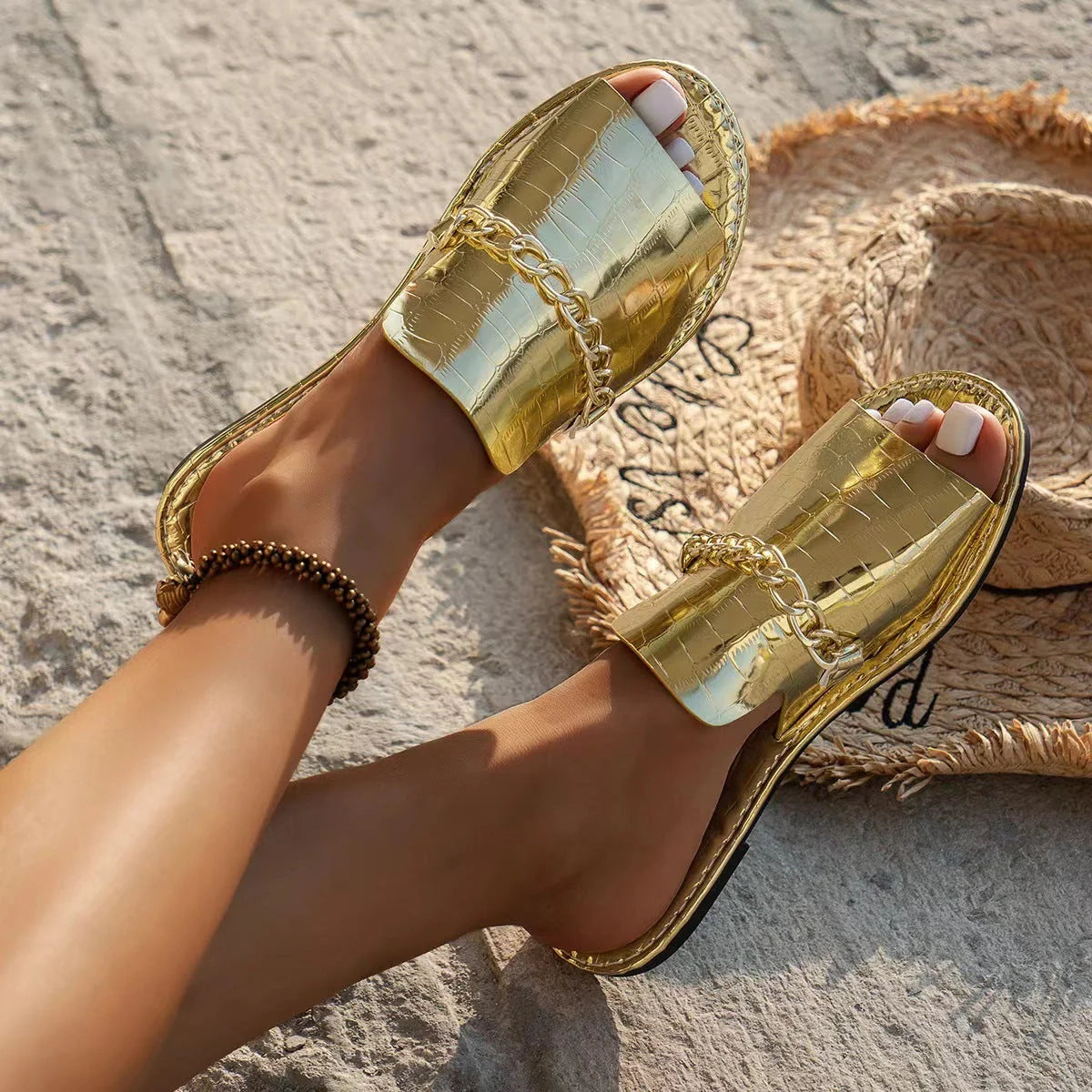 Stylish chain-embellished summer sandals for women featuring a comfortable artificial PU upper and durable rubber soles in a variety of chic colours
