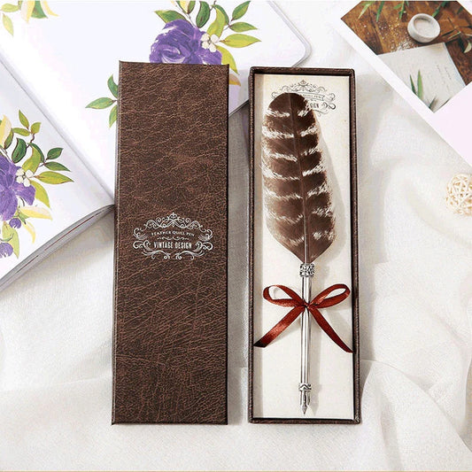 Elegant European-inspired feather pen in a luxurious gift box, showcasing its vintage-inspired design and premium stainless steel construction.