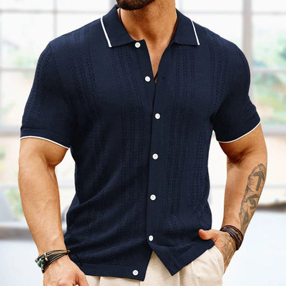 Stylish short-sleeved polo shirt with unique flocked design, available in a variety of rich colors for versatile summer style