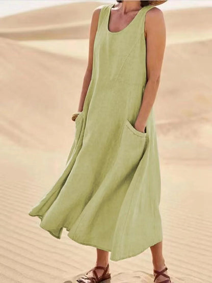 Stylish summer sleeveless long dress with pockets in various colours