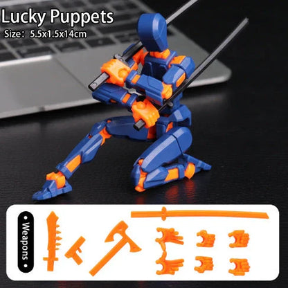 Poseable 3D-printed transforming robot action figure toy in various bright colors