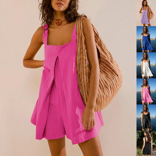 Sleeveless jumpsuit in various colors featuring a square neckline and relaxed fit for comfortable summer style