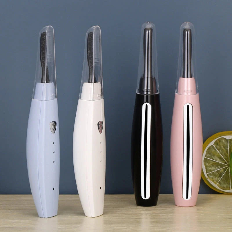 USB rechargeable electric heated eyelash curler in white, pink, black, and blue