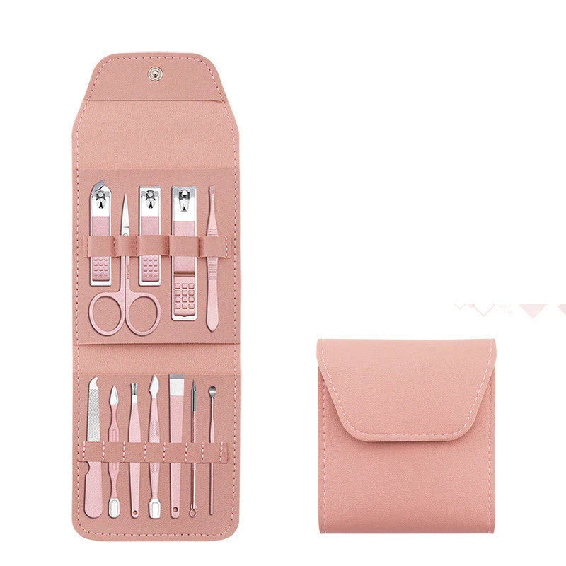 A 16-piece premium manicure and pedicure set with stainless steel tools and a stylish leather case