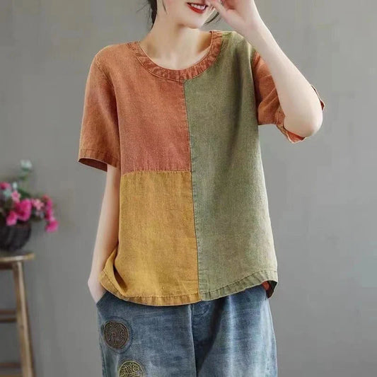 Women's cotton linen artistic contrast colour t-shirt for casual wear
