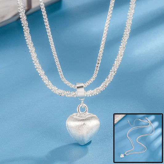 Double layer brushed heart pendant necklace with water wave chain for women