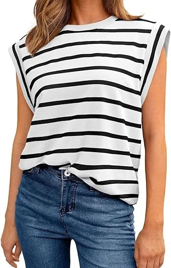 Classic striped crew neck vest sweater in white, black, and khaki