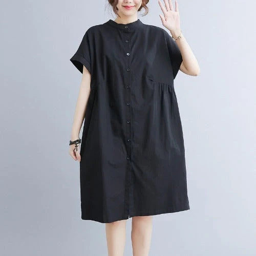 Women's cotton-linen stand collar short sleeves dress in black and white