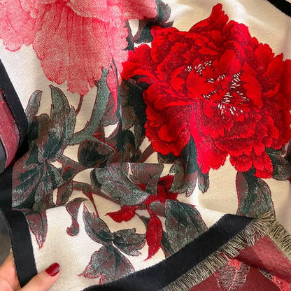 Retro Floral Imitation Cashmere Scarf for Women in Beige Red