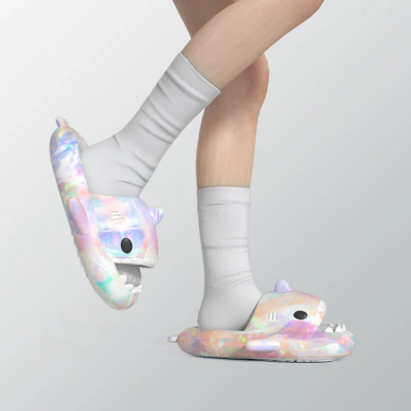 Cute shark-themed slippers with heart print design in various vibrant colors