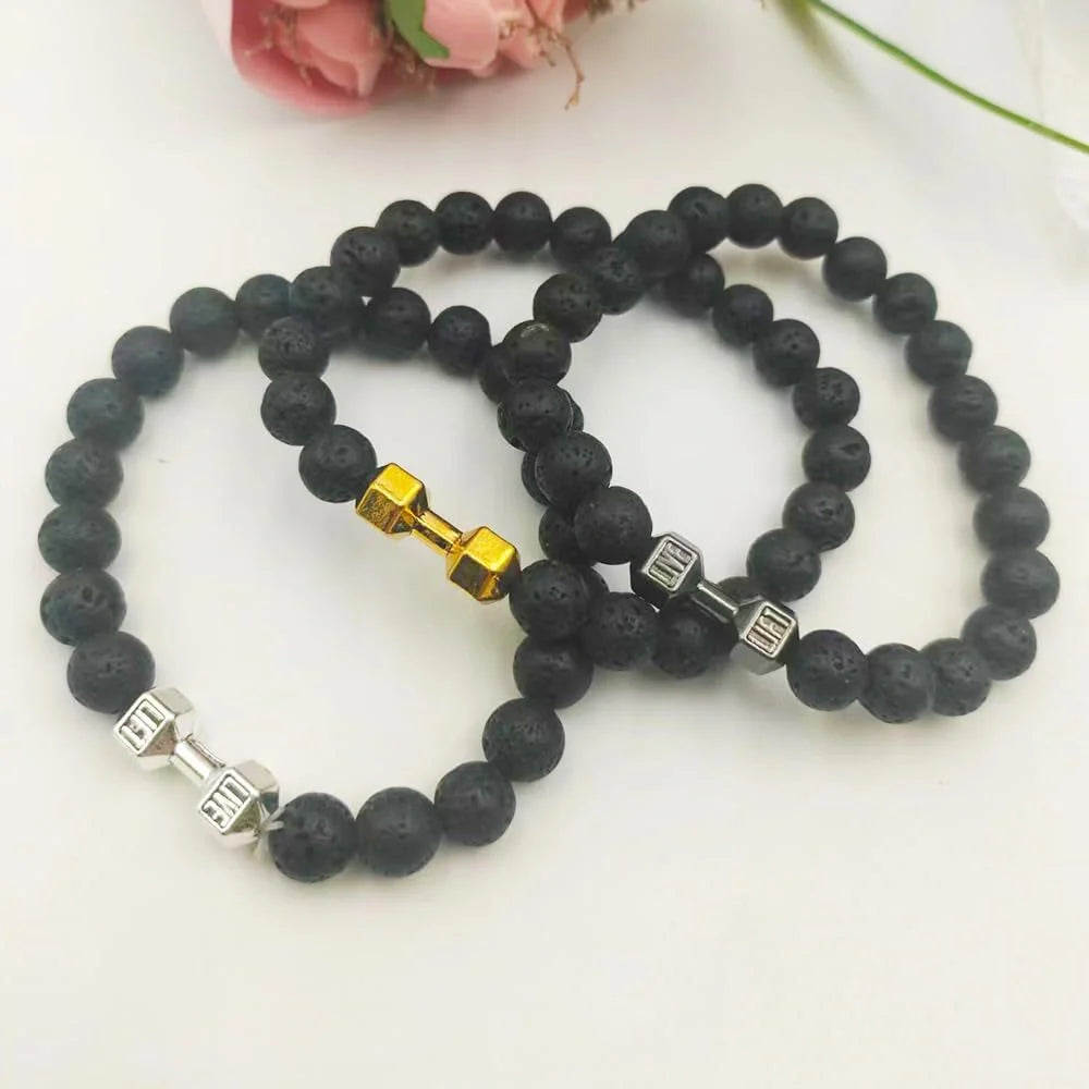Men's fitness fashion dumbbell bracelet with black and white lava rock and alloy beads