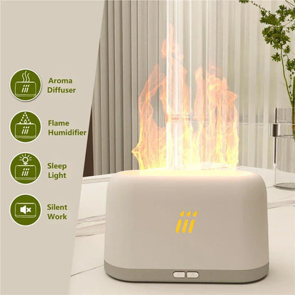 Elegant aroma diffuser and ultrasonic humidifier with mesmerising LED flame-like effects, ideal for modern British homes