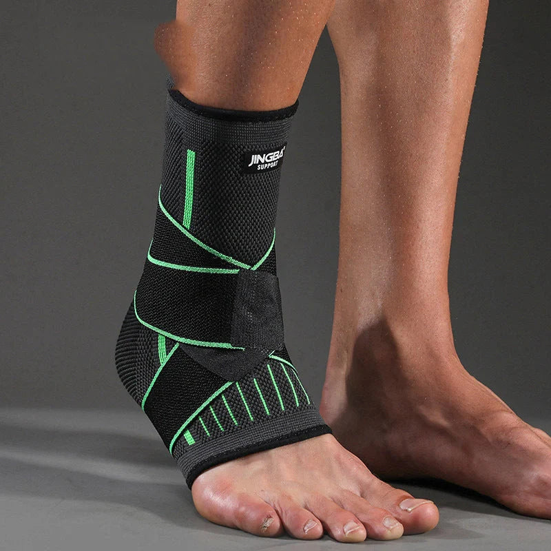 Sports compression ankle protector in black, green, and orange colours