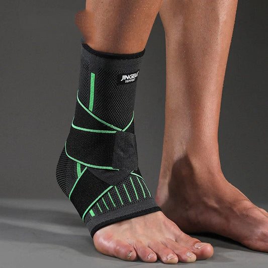 Sports compression ankle protector in black, green, and orange colours