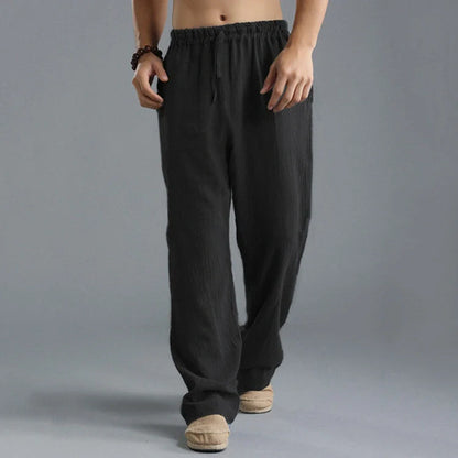 Men's breathable linen loose-fit sports pants in khaki, black, light blue, and off-white
