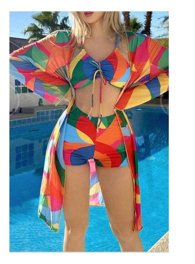 3-piece Pring bikini set with long sleeve cardigan for women, floral design