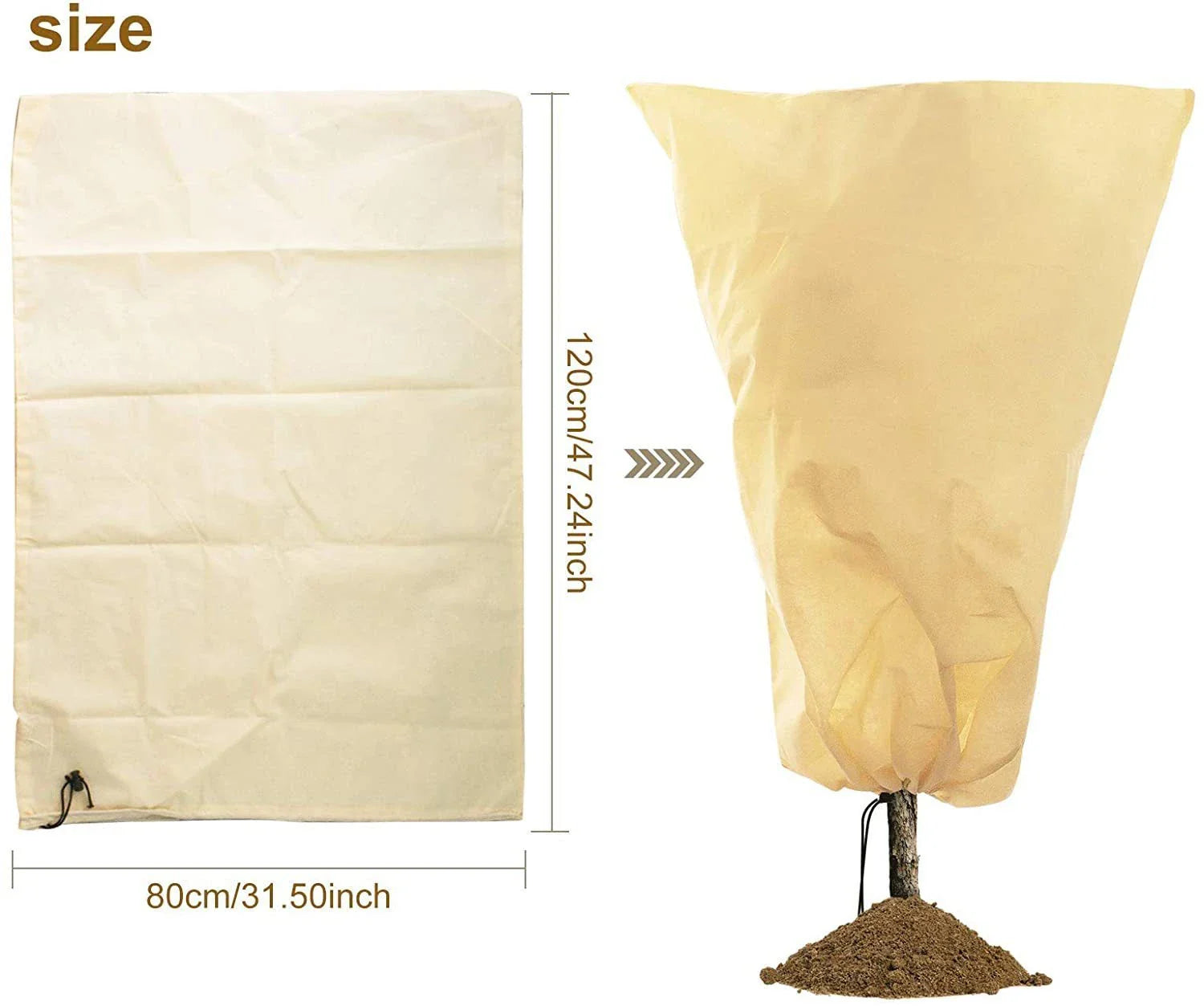 Non-woven plant protection cover in beige, designed to safeguard garden plants from frost, heavy rain, and pests during the British winter.