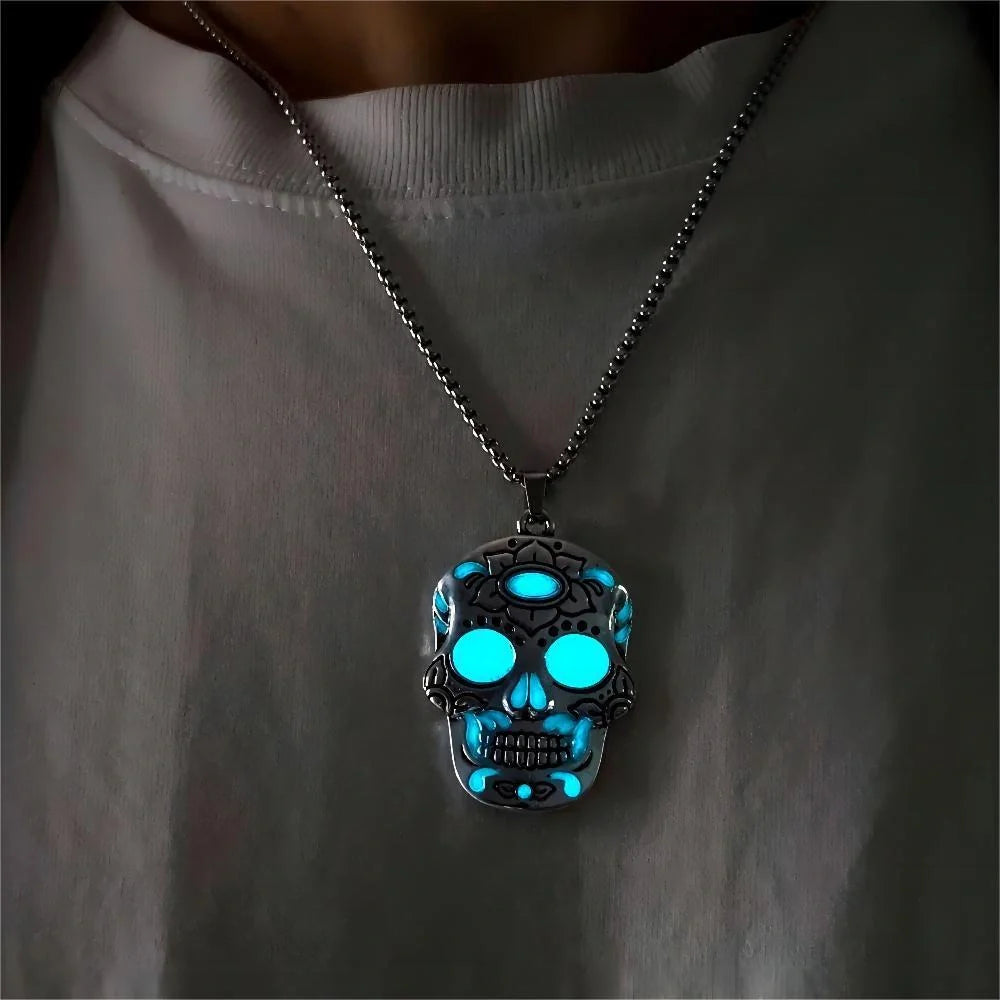Halloween Luminous Skull Necklace with Day of the Dead Lotus Pattern