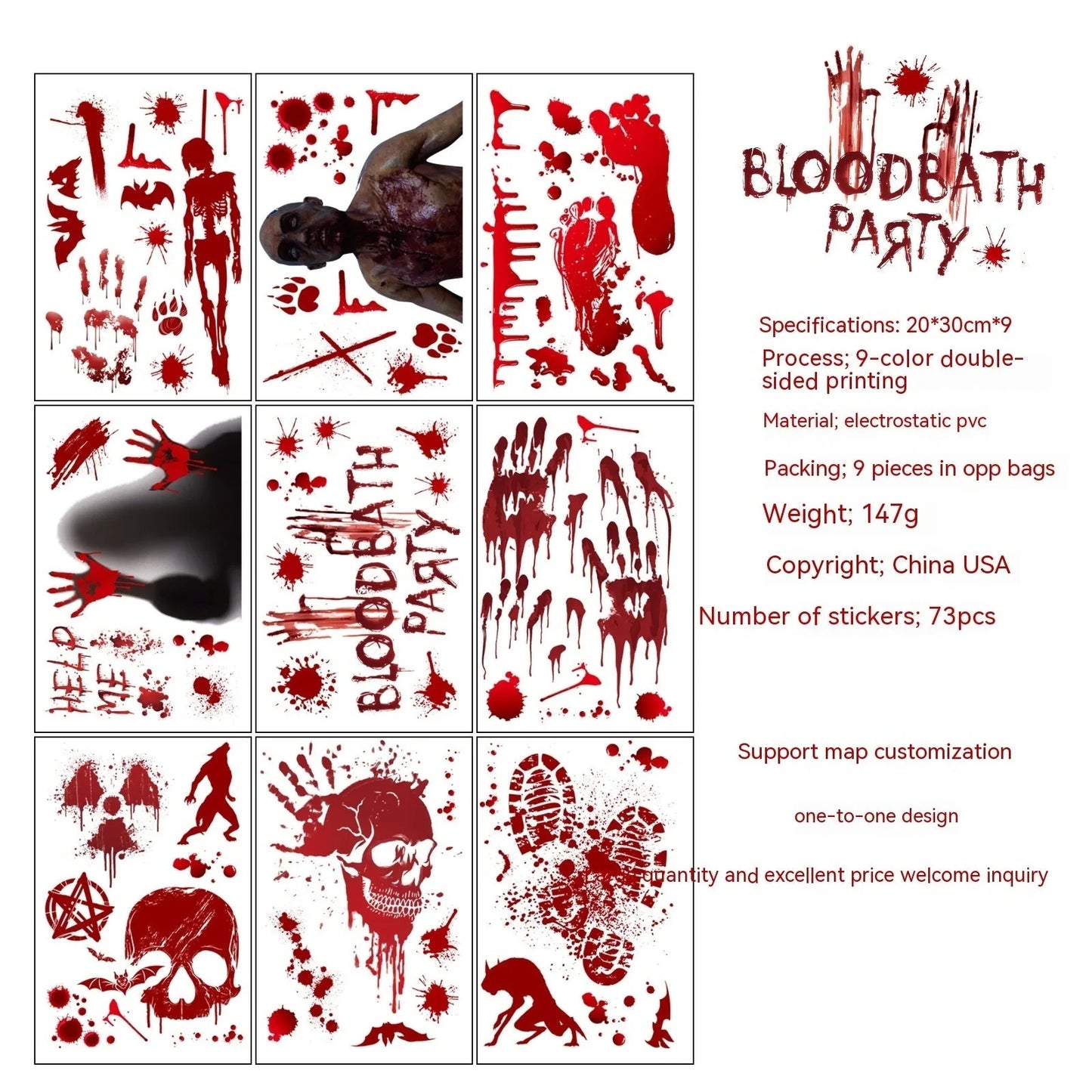Set of 9 Halloween window stickers featuring bloody handprints, footprints, and splatters