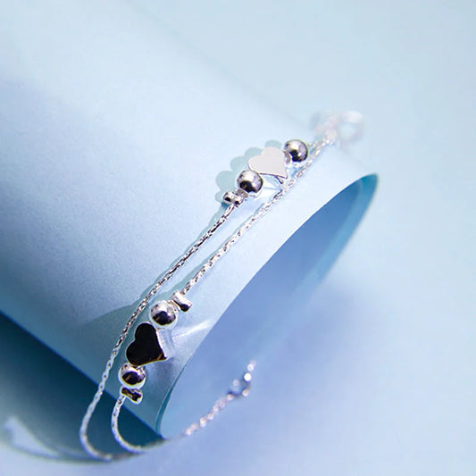 Korean fashion double-layered heart bracelet with light beads in white gold, gold, and rose gold options