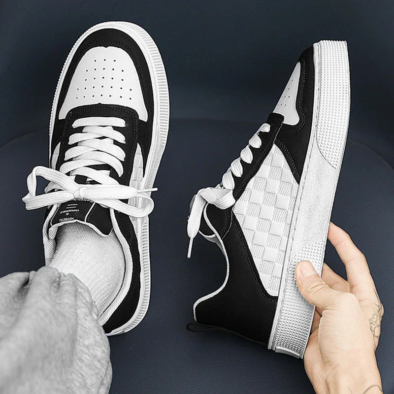 Stylish and breathable plaid lace-up sneakers for men, featuring a unique design, comfortable mesh lining, and durable rubber sole.