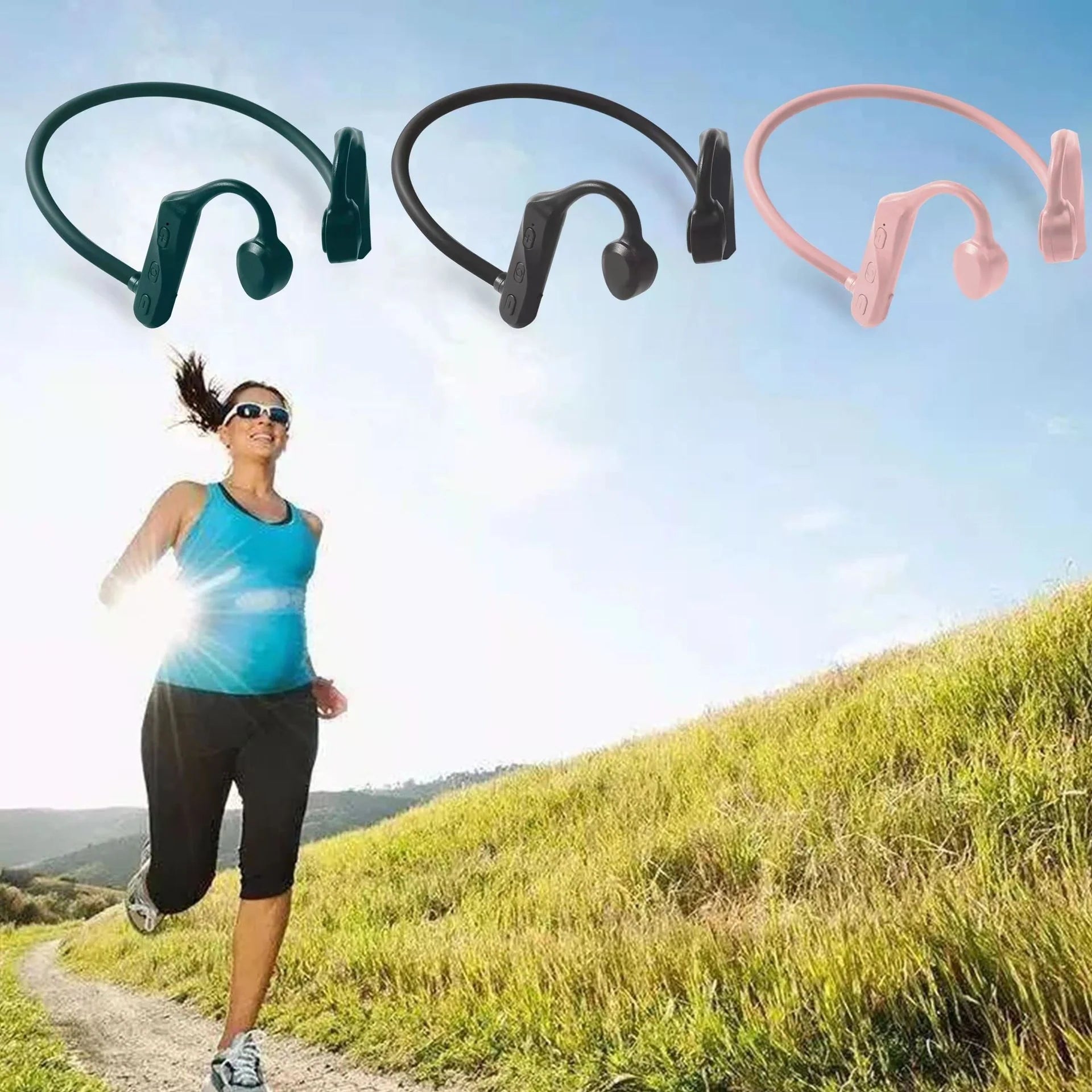 Wireless Sports Headphones with Mic in Pink, Black, and Green options