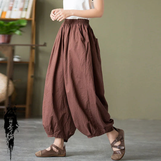 Women's sand-washed linen cotton bloomers in dark coffee, dark green, plain white, and jet black
