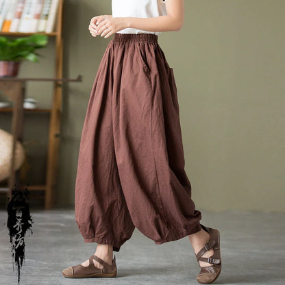 Women's sand-washed linen cotton bloomers in dark coffee, dark green, plain white, and jet black