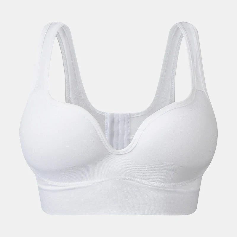 Back Button Up Bra with wide white straps in white, black, and apricot